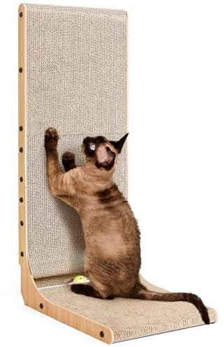 EHEYCIGA Kratzbrett Katze, 81 cm Hohe L Förmige Kratzpappe für Katzen, Hochdichtes Verschleißfestes Kratzmöbel mit Katzenspielzeug, Katzenkratzbrett für Wand und Ecke, Extra Groß