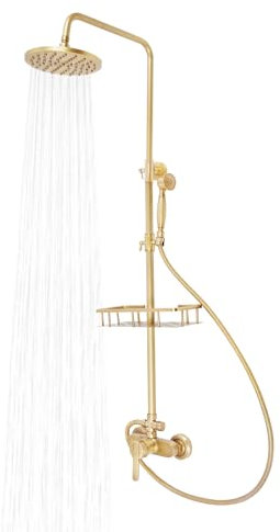 Duschsystem antik mässing duscharmatur set guld retro duschset med kran, vintage duscharmatur komplett set med 20 cm regndusch, handdusch huvud, justerbar höjd 75–120 cm