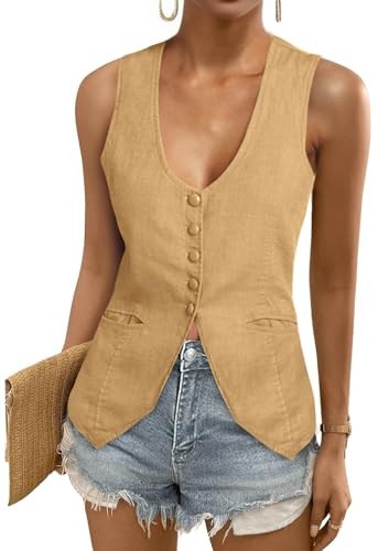 Tankaneo Womens Scoop Neck Blazer Vest Summer Linen Sleeveless Fitted Waistcoat Work Casual Cotton Suit Tops