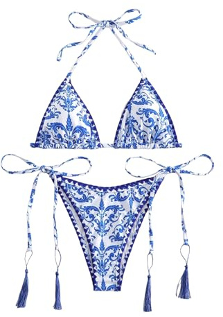 GORGLITTER Women's Halter Tie Neck Triangle Bikini Sets Tie Side Thong Fringed Graphic 2 Piece Boho Swimwear Blue and White Medium