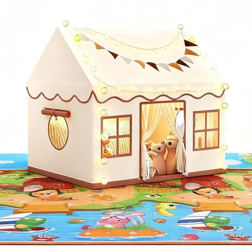 Spielzelte, Kinderzelt Indoor, Spielhaus Kinder Indoor mit Matte, Lichtern und Sternenflagge, Kinderspielburg Kinderzimmer Dekor ab 3 Jahre, Inspirierender Spielraum für Rollenspiele