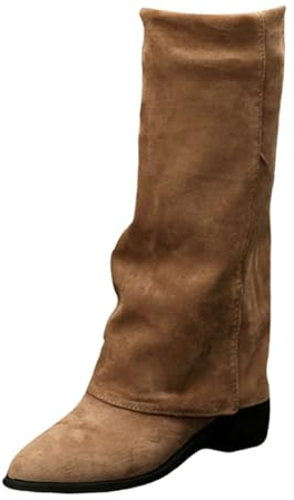 Stivali Donna Invernali Autunnali, Texani Cowboy Stivaletti Alti, Stivali al Ginocchio Donna, Stivaletti con Tacco Punta, Stivaletto Wide Fit con Plateau, Fold Over Boots Marroni