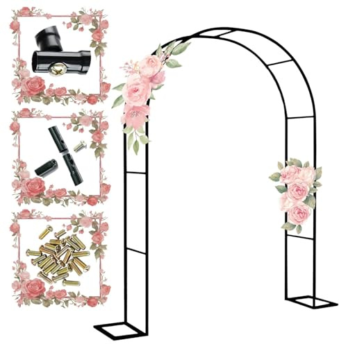 Arco de rosas de metal, 200 x 230 cm, enrejado de pérgola negro para plantas trepadoras, arco de pabellón de jardín, decoración al aire libre para flores y vides, elegante soporte de paisaje