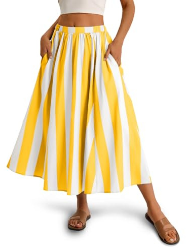 Cicy Bell Womens Summer Striped Maxi Skirts A-Line Elastic Waist Flowy Skirt Beach Vacation Outfits Yellow
