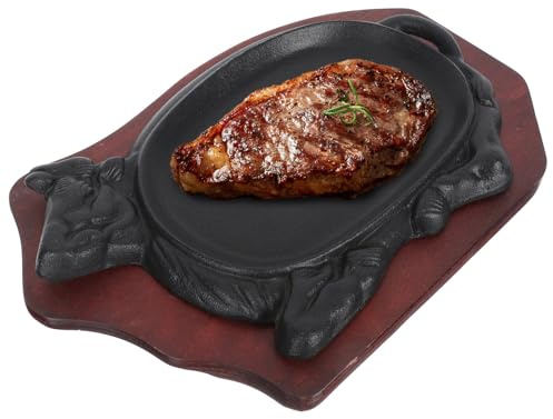 SEWACC Plaque à Steak en Fonte 21X14 CM Plateau en Bois Rouge Poêle Teppanyaki Antiadhésive pour Griller Steaks et Poissons Cuisson Maison pour Barbecue et Repas Conviviaux