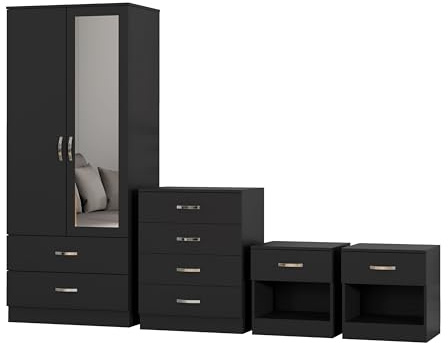 Nera Bedroom Furniture Set 4 Piece Set Wardrobe with Drawers Chest of Drawer Bedside Table Bedroom Storage (With Mirror Matt Black)