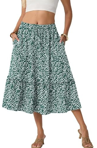 PrinStory Women's Summer Midi Skirts Ladies Boho Flowy Casual Elastic High Waist Skirts with Pockets