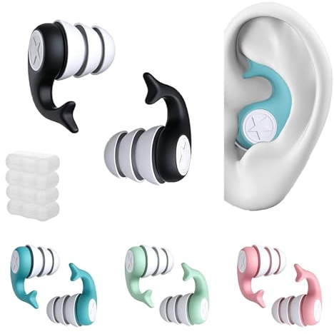 Swimming Ear Plugs for Adults - 4 Pairs Waterproof Silicone Swim Earplugs,Ear Protection for Swimming,Surfing,Showering,Diving and Other Water Sports (Black,Pink,Blue,Green)