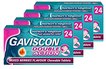 Gaviscon Double Action chewable tablets, Mixed Berries, 4-Pack - Fast Heartburn & Indigestion Relief, Convenient Sachets, Antacids for Effective Digestion, Acid Reflux Relief, Pregnancy Safe