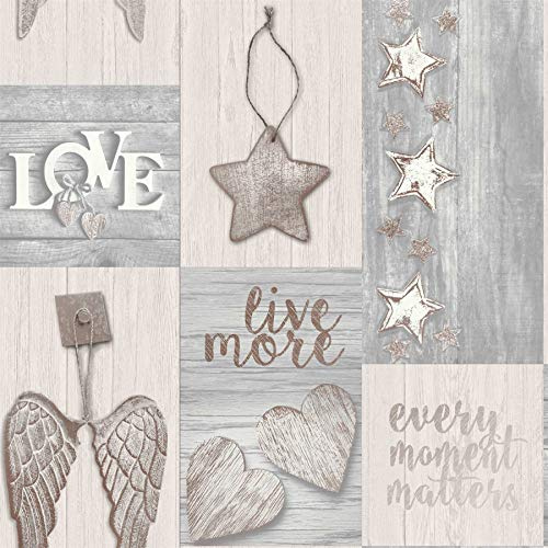 3D Wood Effect Patchwork Wallpaper Grey Rose Gold Metallic Stars Hearts Angel from YöL