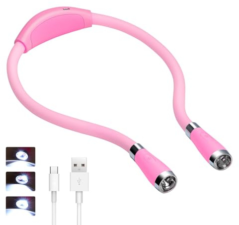TSINGREE LED Neck Book Light, USB-C Rechargeable, Hands Free, 4 Super Bright LED Bulbs, 3 Adjustable Brightness, Best for Reading in Bed, Knitting, Walking, Jogging, Mending in Night (Pink)
