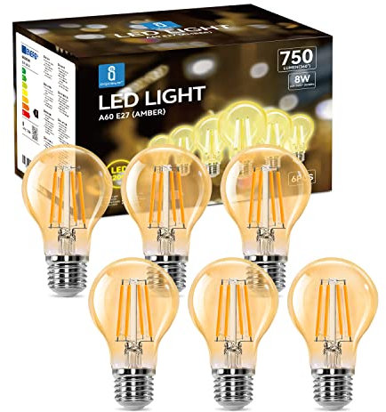 Aigostar Lampadina Vintage Edison LED E27 8W Equivalenti a 57W, Luce Calda 2200K, 750Lm, CRI＞80, A60 Stile Vintage Lampadine Decorativo, Non Dimmerabile, Pacco da 6 Pezzi