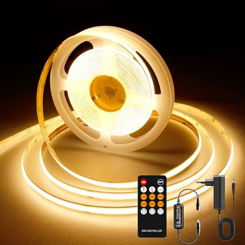 AXMOTUT Striscia LED COB 5 metri 24V, Striscia LED Bianco caldo 2700K, 320LEDs/m, Larghezza 8mm, CRI90+, con Alimentatore, Telecomando RF, LED Striscia per Cucina, Soggiorno, Feste, Bar