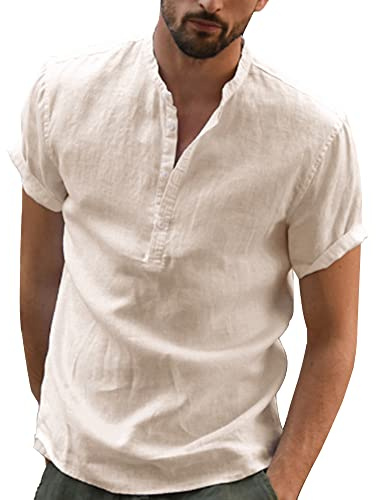 YAOBAOLE Men's Summer Linen Cotton Henley Shirt Casual Short Sleeve Button Up Beach Shirts