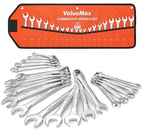 ValueMax Mechanics Wrench Set Metric and Standard, 20PCS Complete Combination Wrenches Roll Set. SAE 1/4 to 3/4, Metric 6mm to 18mm, Full Wrench Set with Roll up Pouch