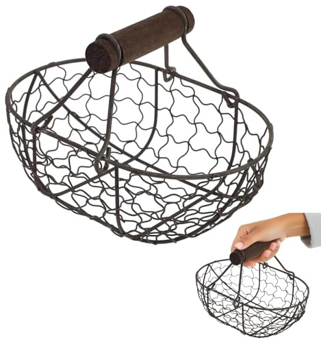 Rustic Wire Egg Basket for Fresh Eggs Gathering, Farmhouse Metal Eggs Holder with Wood Handle, Vintage Kitchen Countertop Storage Basket for Fruits Vegetables Bread, Black Wire