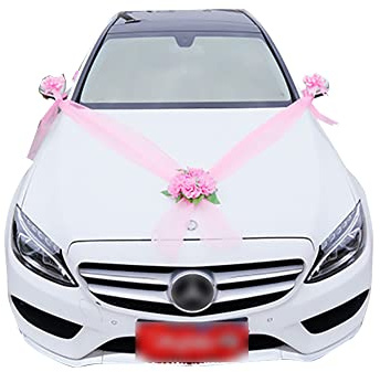 Tiardey Auto Matrimonio Decorazione Floreale Bouquet Artificiale Fiocchi Decorazioni di Nozze Nastro Matrimonio Auto Decorazione Ghirlanda per la Festa di Nozze - Rosa