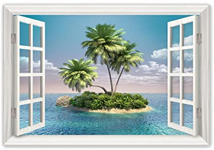 Tableaux de Paysage-Fausse Fenêtre Tableau Décoration Murale Salon-Plage des palmiers Image sur Toile-Impression sur toile Nature 20x30cm(8x12in)Sans cadre