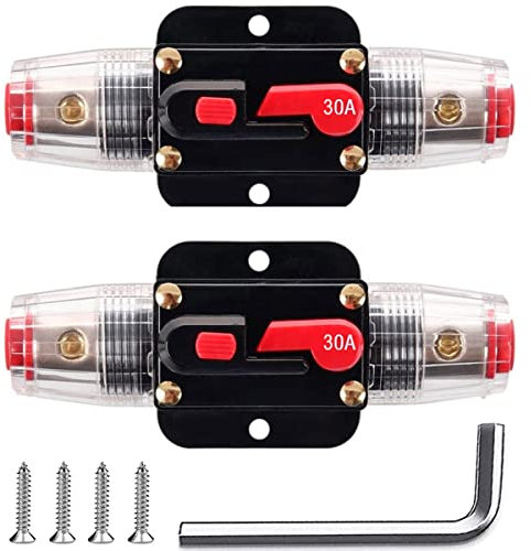 Greluma 2PCS Fusible de réinitialisation de disjoncteur en ligne 30A, porte-fusible de réinitialisation 12V-24V DC 30A avec réinitialisation manuelle pour la protection du système audio de marin auto