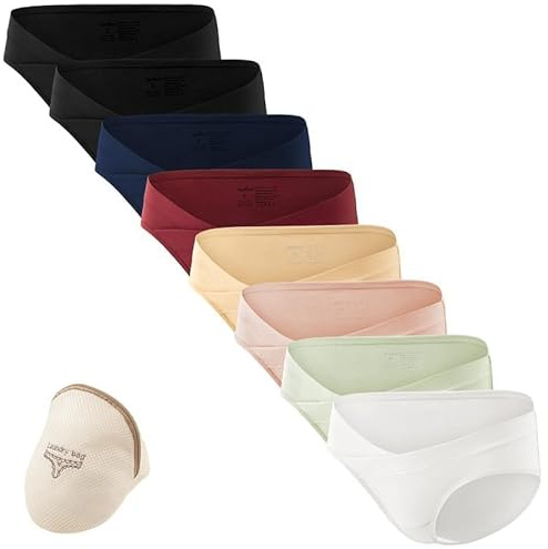 Angelhood Cotton Maternity Underwear Under Bump, Healthy Pregnancy Panties Postpartum Underwear 8 Pack with Laundry Bag