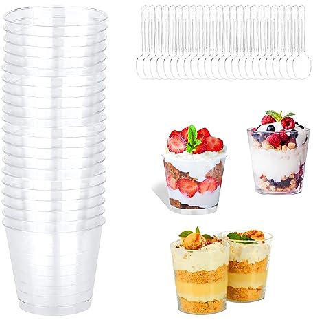 aghoer 25 Stück Desserttassen mit 25 Stück Löffeln, 6.7 OZ / 200ML Schnapsbecher, Dessertgläser Wiederverwendbar für Eiscreme Food, Dessert Party Picknick