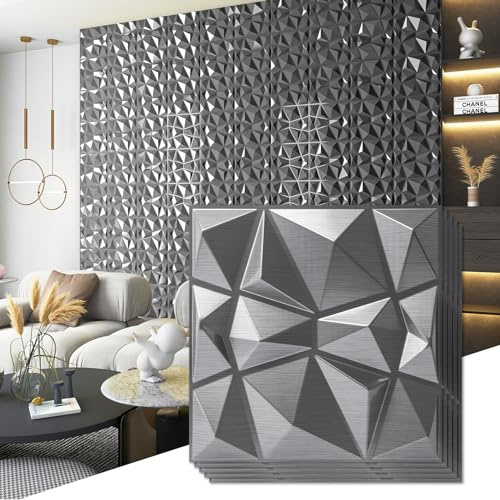 Art3d Lot de 33 panneaux 3D à motif diamant pour décoration d'intérieur, salon, fond mural TV, chambre à coucher, configuration de jeu, 30 x 30 cm, Argenté