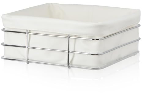 KHG Brotkorb aus Metall mit Stoffeinsatz in weiß, eckig 21,5x23 cm, Brötchenkorb aus Edelstahl, Stoffeinlade herausnehmbar & waschbar, moderner Frühstückskorb, als Obstkorb verwendbar