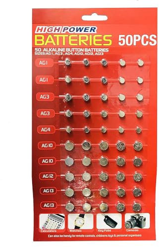 BML 50 PCs Mixed Alkaline Button Cell Batteries AG1 AG3 AG4 AG10 AG12 AG13 High Capacity Bulk Pack for Watches Toys Calculators Key Fobs