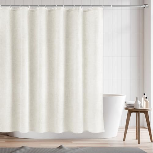 RAYNEAY Natural Linen Water-resistant Shower Curtain, 182x182cm Heavy Duty Fabric Linen Textured Shower Curtain with Weighted Hem and Hooks for Bathroom Wet Room Bathtub