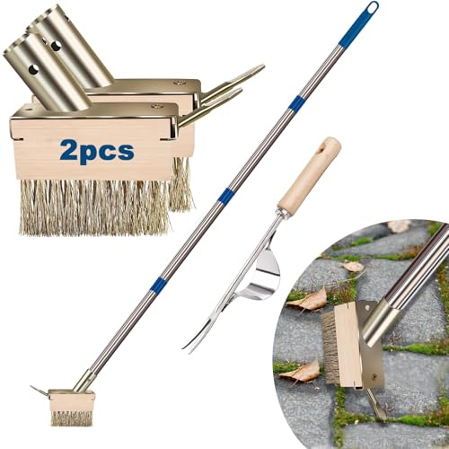 mcwdoit Crack Weeder Tool, Crevice Weeding Moss Brush with 2 Heads&Scraping Hook, A Hand Puller Tool, Moss Remover with Steel Handle for Cleaning Paving Joint Paver Sidewalk Patio Stone Driveway Deck