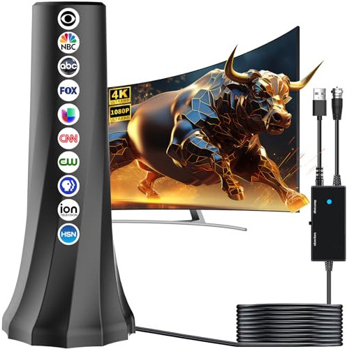 Antenna TV per interni aggiornata 2024, antenna TV per canali locali a lungo raggio, antenna TV digitale per Smart TV con amplificatore di segnale a 360°, antenna HD, supporta 8K 4K HDTV 1080p tutti i