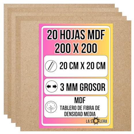 LA SOLERA Pack 20 Hojas Tablero MDF 3 mm de grosor | 200 x 200 mm | Láminas para corte láser y pirograbado | Hojas resistentes para manualidades y modelado | Fibra de densidad media | Corte limpio