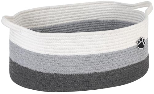 Optish Dog Toy Basket, Toy Box and Bin for Dog Cat Storage, 19.7 X 11 X 7.9 (30L) Large Woven Basket for Blanket Storage, Rope Baskets for Living Room, Bedroom, White & Grey