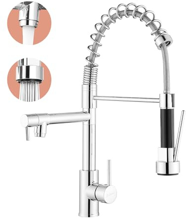 Robinet de cuisine - Robinetterie de cuisine avec douchette extractible, pivotant à 360°, mitigeur haute pression pour cuisine, robinet d'évier de cuisine double pulvérisation en acier inoxydable