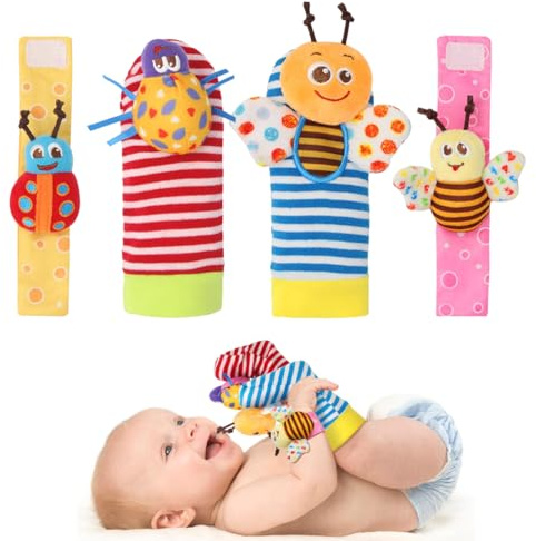 KEQAR 4 Piezas Sonajero Bebé Calcetines, Juguete de Desarrollo Suave de Peluche, Pulseras y Calcetines con Animales de Peluche, Tela Suave, Sonajeros para Bebés Niños y Niñas (0-6 Meses) (B)