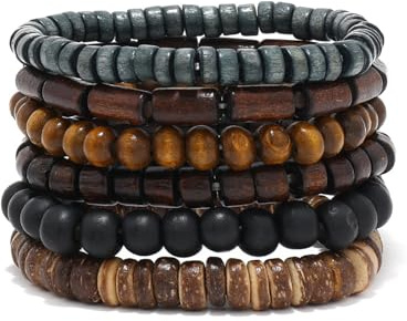 FJDRSIG 6 Pcs Wooden Stretch Bracelets, Multi-Layer Brown Bead Bracelet Men, Elastic Detachable Natutral Beads Wristband, Gothic Mens Wrist Bracelets, as Gift for Family, Friends, Colleagues