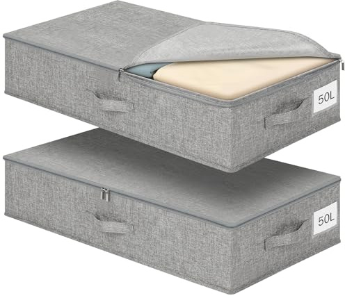 Romon Contenedor de Almacenaje para Debajo de Cama, 50L (76x40x17cm) Organizador de Canape con Cremallera Bidireccional, Plegable de Tela Lino Grueso con Tapa, para Zapatos y Edredones, Gris