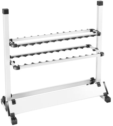 Supporto per canne da pesca regolabile in altezza, per 24 canne, salvaspazio, con scanalature in EVA e protezione in nylon, per negozi di pesca, casa, barca, 71,5 x 31 x 70 cm