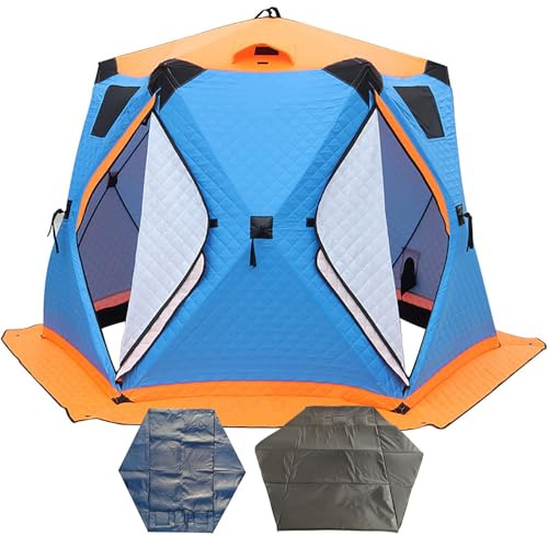 Tenda isolata per pesca sul ghiaccio con cric e tappetino, tenda calda antivento per 6-8 persone, tessuto Oxford a doppio strato, 4 finestre, porte doppie, borsa portatile per il trasporto