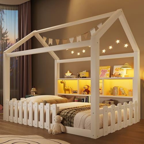 Lit cabane Enfants 90x190 cm avec LED,lit Enfant avec Barriere,lit Enfant cabane lit au Sol Enfant,Compartiments de Rangement Ouverts, Design Maison,Bande de Maison,Bois de pin,Blanc