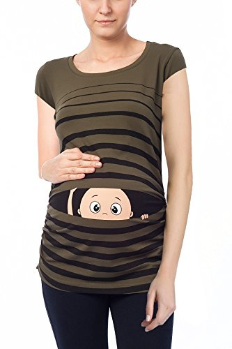 M.M.C. Mammaskjorta kortärmad dam med Guck-Guck-motiv – mammamode T-shirt för graviditeten, rynkfri från 95 % bomull, S till XL, kaki, XL
