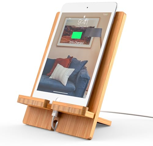 Pezin & Hulin Bamboo Tablet Stand Adjustable, Desktop Cell Phone Stand Holder Dock Compatible with Pad Air/Pro/Mini, E-Reader, Smartphone (Support to 4.7-13 Devices)-Bamboo