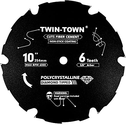 TWIN-TOWN PCDT1006 10 Inch 6 Tooth Polycrystalline Diamond Tipped (PCD) Hardie Fiber Cement Saw Blade with 5/8 Inch Arbor
