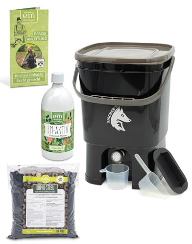 FairFox Bokashi Komposteimer Küche Set [Geruchsdicht] Küchenabfalleimer, Komposter mit Zubehör 1 L EM + 1 Kg Pflanzenkohle + Anleitung für Küchenabfall & Kompostieren