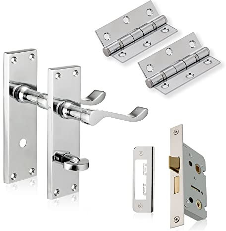 XFORT Chrome Elegance Polished Chrome Victorian Bathroom Pack, Complete with Handles, 65mm Lock and 75mm Hinges, for Wooden Doors