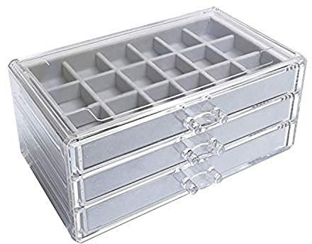 Milky Way Acrylic Jewelry Box for Women, 3 Drawers Velvet Clear Jewellery Organizer for Ring Earring Necklace Bracelet Holder Storage Display Case Gift (Gray)