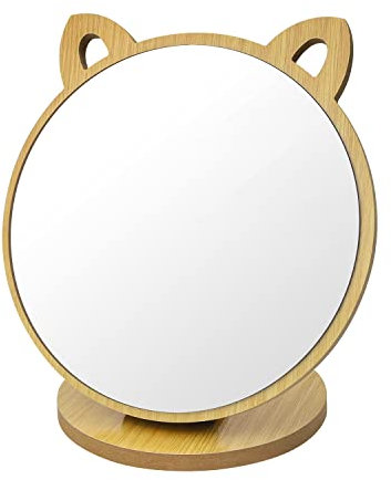 DEANKEJI Specchio Piccolo Orecchie di Gatto Creative, Regolabile Angolo Specchio Pieghevole, Specchi da Tavolo con Base in Legno - Stile Carino per Soggiorno Della Camera da Letto