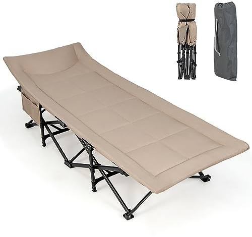 COSTWAY Cama Plegable Camping, Cama Camping con Cojín Cómodo, Reposacabezas y Bolsillo Lateral, Catre Plegable Camping, Bolsa de Transporte, Peso Neto 6,8kg, 190 x 68,5 x 48,5 cm (café)