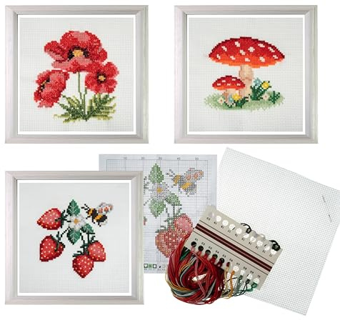 Trimits Set per punto croce, 3 pezzi, kit da ricamo contato, set per principianti e tutti i livelli, completo di istruzioni e filo per decorare la casa dei bambini, 13 x 13 cm, fungo velenoso,