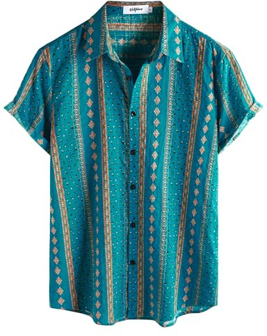VATPAVE Mens Hawaiian Shirt Short Sleeve Button Down Shirts L Blue Orange